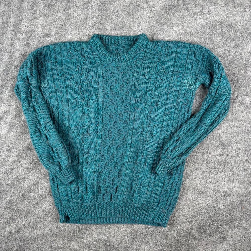 Unbranded Sweater Mens Size M Teal Cable Knit Handmade Crew Neck Pullover 23578